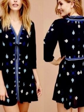 Free People Black Mini Dress with Blue & White Embroidery